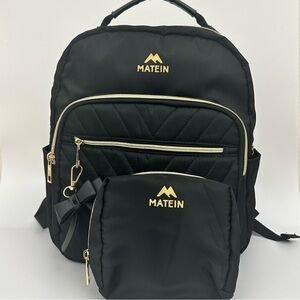 Matein Black Backpack with makeup pouch and USB port Gold Accents